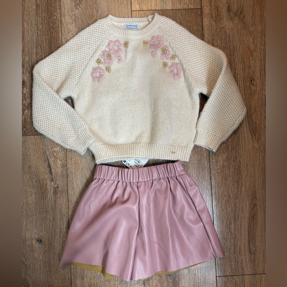 Mayoral Cream Sweater with Pink Floral Embroidery & Pink Skort